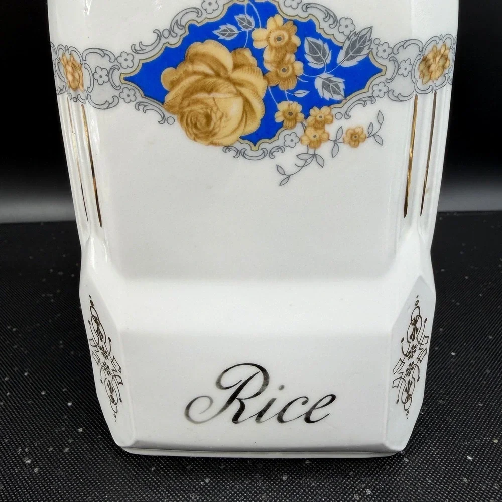 Victoria China Czechoslovakia Rice Canister Vintage Porcelain Blue Rose Floral